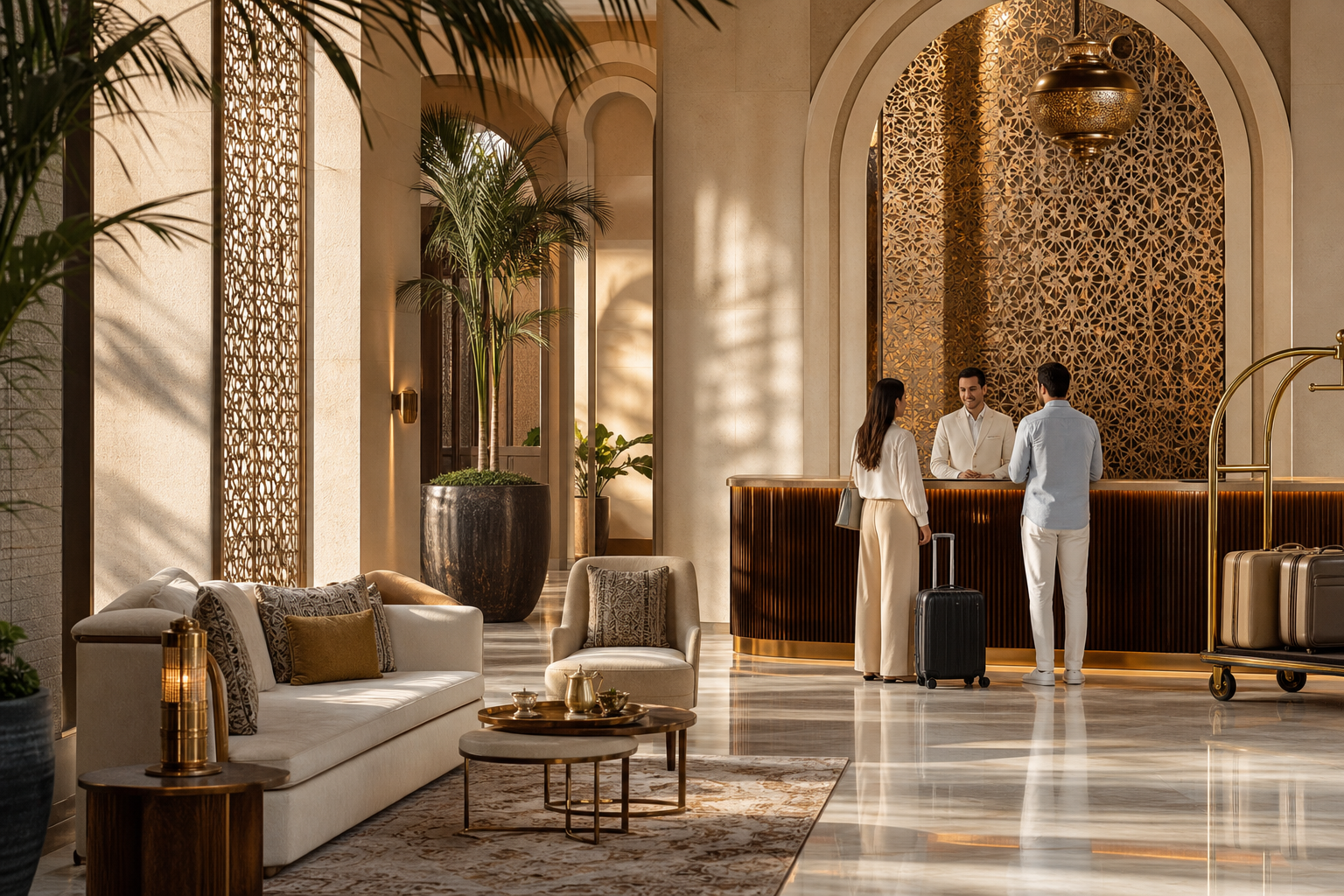 Hotel lobby staff welcoming guests