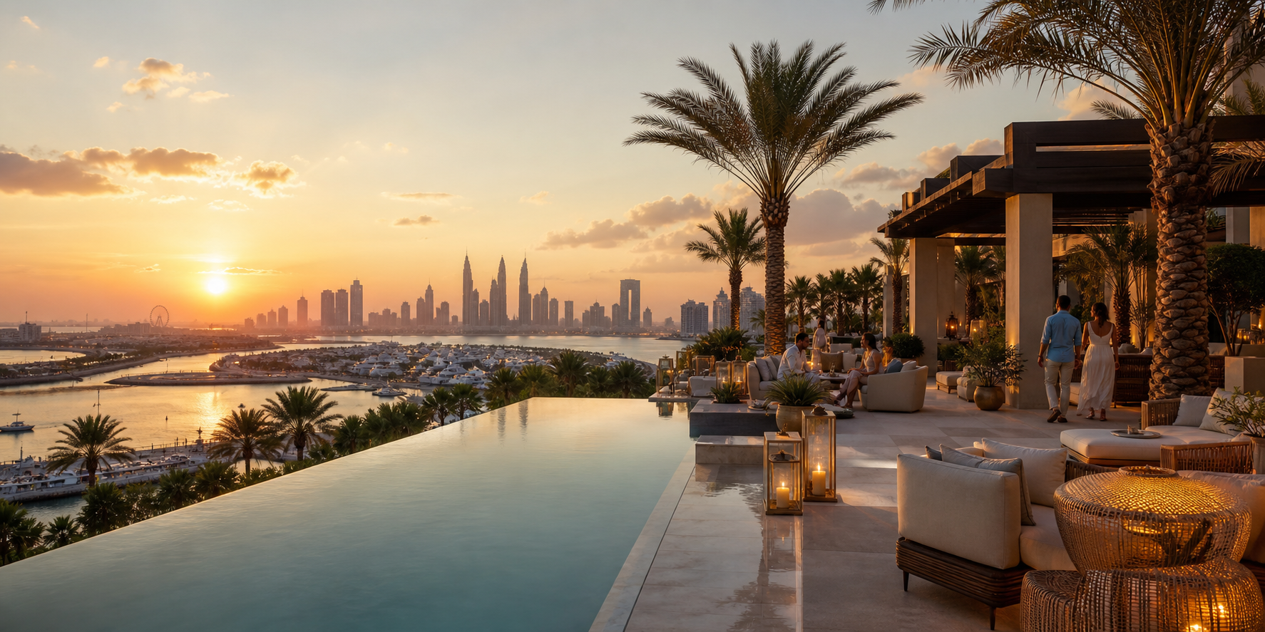 Dubai hotel terrace overlooking the city skyline