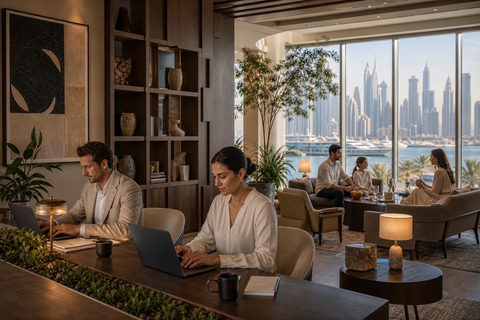 Guests and staff in a hotel residents lounge
